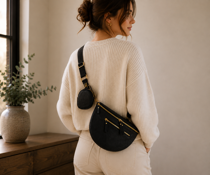 Sac bandoulière banane noir avec pochette Modèle Maéva