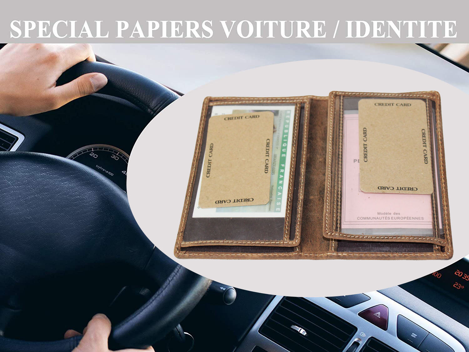 PORTE PAPIER VOITURE en Cuir homme femme avec étui Carte grise