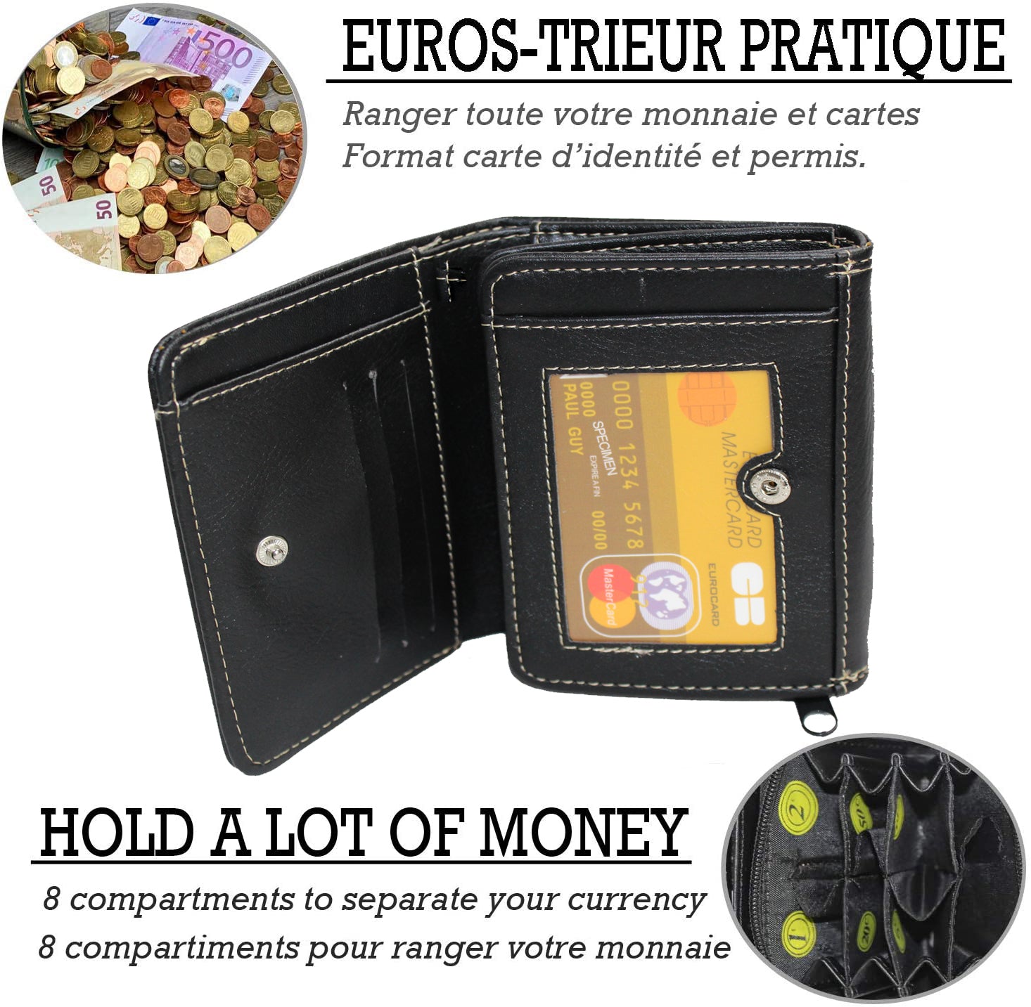 Porte Monnaie Euro en Cuir - Porte Monnaie Trieur avec 8